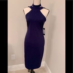 Brand New, never worn! Sexy Navy BEBE cocktail dress with sexy neck detail